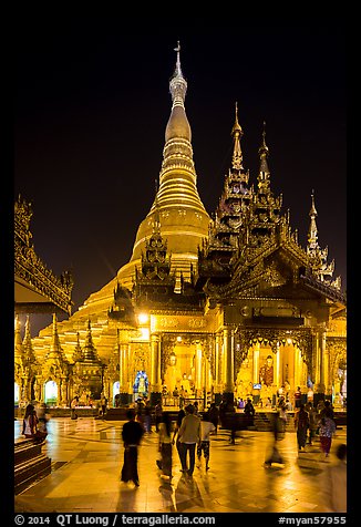 Eastern Main Shrine at night, Shwedagon Pagoda. Yangon, Myanmar (color)