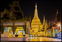 Saw Lapaw Pagoda, Sandawdwin Pagoda, and Main Chedi at night, Shwedagon Pagoda. Yangon, Myanmar