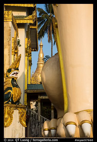Architectural detail of West gate and Main Stupa, Shwedagon Pagoda. Yangon, Myanmar (color)