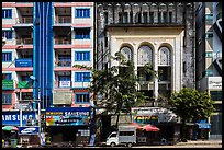 Modern and colonial-area facades in city center. Yangon, Myanmar ( color)