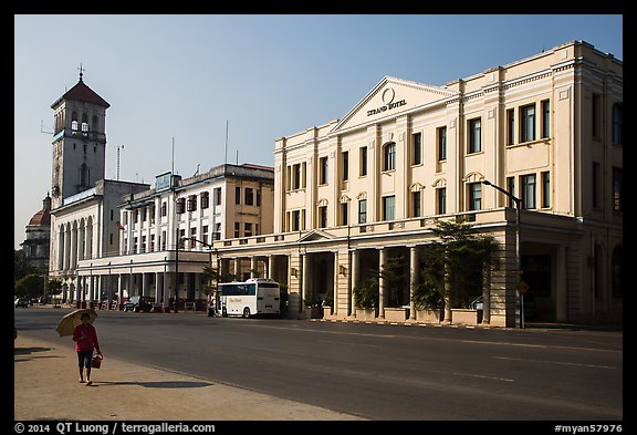 Strand Hotel and Yangon Port Authority. Yangon, Myanmar (color)