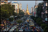 Street with busy traffic leading to Sule Pagoda. Yangon, Myanmar ( color)