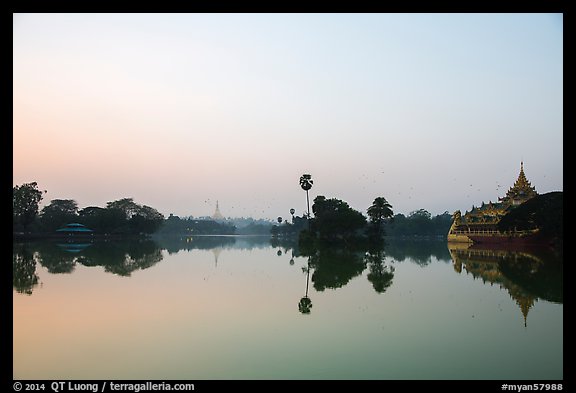 Royal Lake with Shwedagon Pagoda and Karawek barge. Yangon, Myanmar (color)