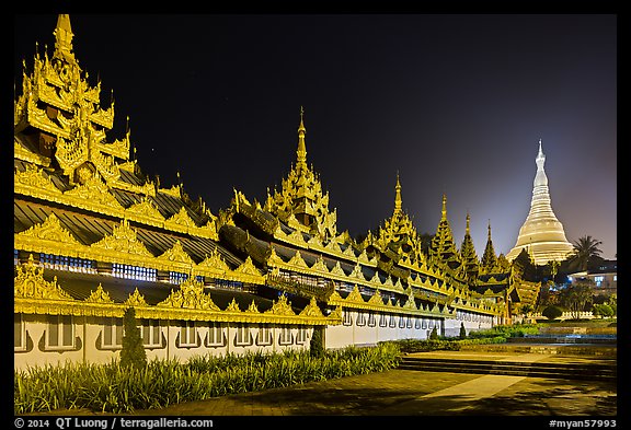 Southern zaungdan and Main Chedi at night, Shwedagon Pagoda. Yangon, Myanmar (color)