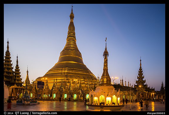 Shwedagon Pagoda gold covered stupa at dawn. Yangon, Myanmar (color)