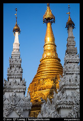 Detail of spires capped with unbrellas, Shwedagon Pagoda. Yangon, Myanmar (color)