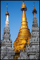 Detail of spires capped with unbrellas, Shwedagon Pagoda. Yangon, Myanmar ( color)