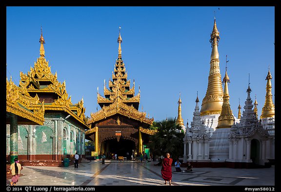 Northern stairway, pavillions, and stupas, Shwedagon Pagoda. Yangon, Myanmar