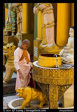 Nun pouring water at planetary post. Yangon, Myanmar (color)