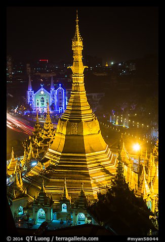 Sule Pagoda and Emmanuel Baptist Church at night. Yangon, Myanmar (color)