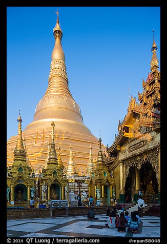 Planetary post, devotion hall, and main stupa, Shwedagon Pagoda. Yangon, Myanmar (color)