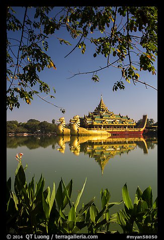 Karawiek Hall, replica of Pyigyimon royal barge on Kandawgyi Lake. Yangon, Myanmar (color)