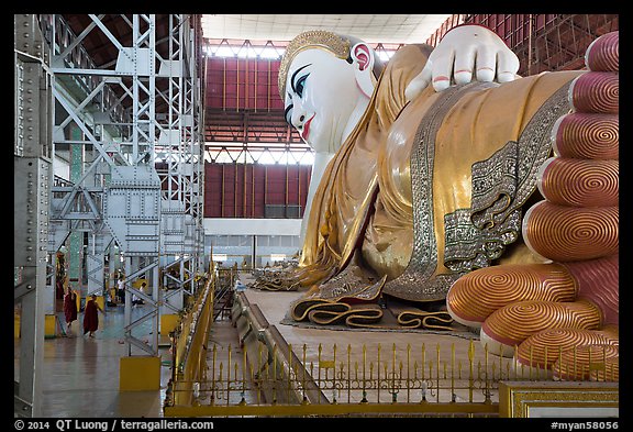 229-feet long reclining Buddha statue, Kyaukhtatgyi Pagoda. Yangon, Myanmar (color)