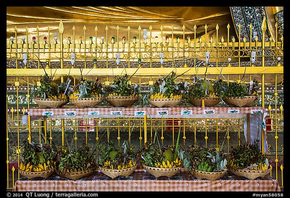 Baskets of fruit offerings, Chauk Htat Kyi Pagoda. Yangon, Myanmar (color)