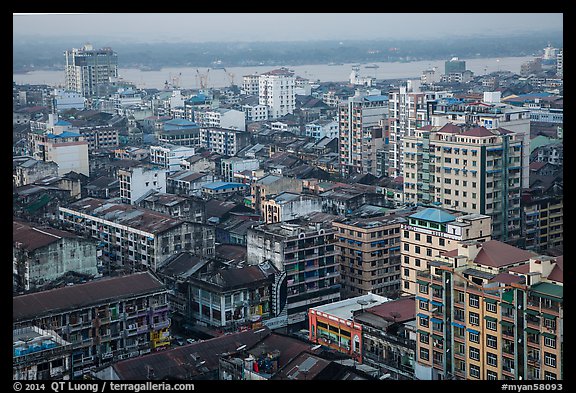 Indian quarter and Yangon River from above. Yangon, Myanmar (color)