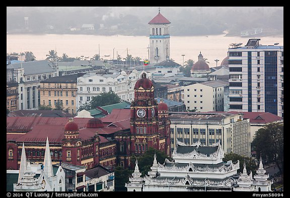 Colonial buildings and Yangon River from above. Yangon, Myanmar (color)