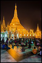 Golden dome seen from the Victory Ground at night, Shwedagon Pagoda. Yangon, Myanmar