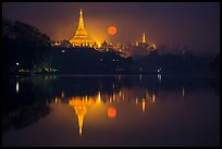 Moonset over Shwedagon Pagoda and Kandawgyi Lake. Yangon, Myanmar ( color)