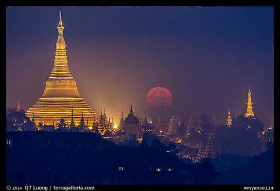 Moonset over Shwedagon Pagoda. Yangon, Myanmar (color)