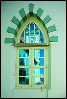 Church tower reflected in window. Yangon, Myanmar ( color)