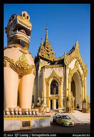 Western Stairway entrance guarded by chinthes. Yangon, Myanmar (color)