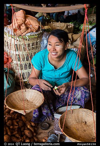 Vendor and scale, Nyaung U market. Bagan, Myanmar (color)