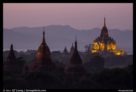 Temples seen from Shwesandaw at dusk. Bagan, Myanmar
