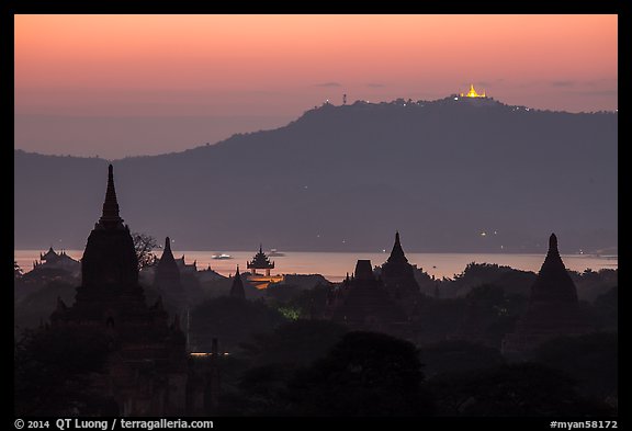 Temples and Ayeyarwaddy River at dusk. Bagan, Myanmar