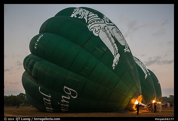Hot air balloons being inflated. Bagan, Myanmar (color)