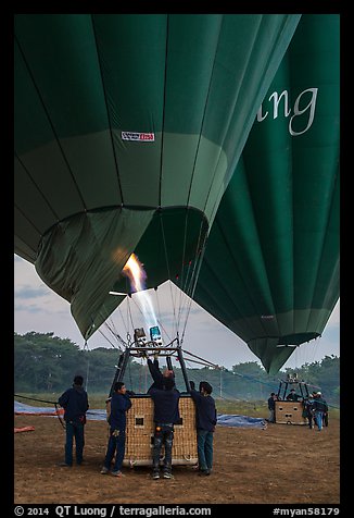 Hot air balloons before take off. Bagan, Myanmar (color)