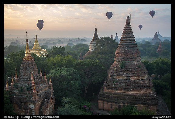 Temples and hot air ballons at sunrise. Bagan, Myanmar (color)