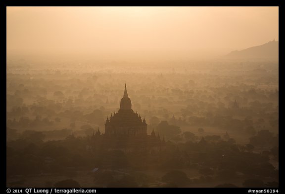 Aerial view of backlit temple in mist. Bagan, Myanmar