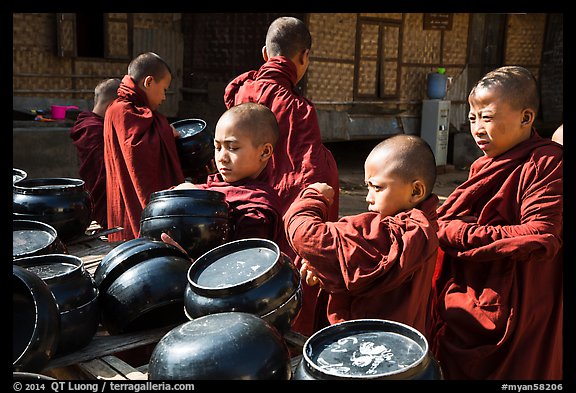 Novices getting ready for lunch, Nyaung U. Bagan, Myanmar (color)