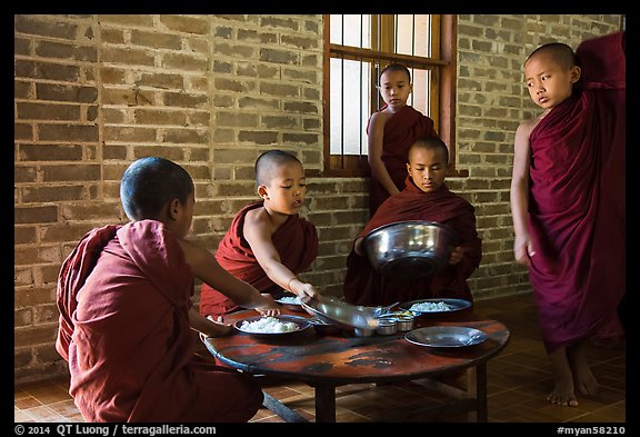 Buddhist novices preparing for lunch, Nyaung U. Bagan, Myanmar (color)
