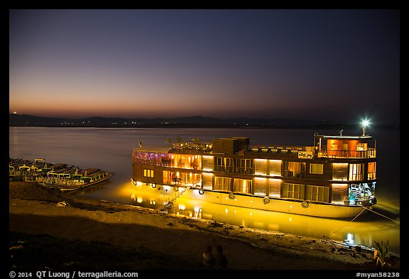 Ayeyarwaddy River and tour boat at dusk. Bagan, Myanmar (color)