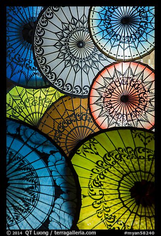 Backlit colorful sun umbrellas. Bagan, Myanmar