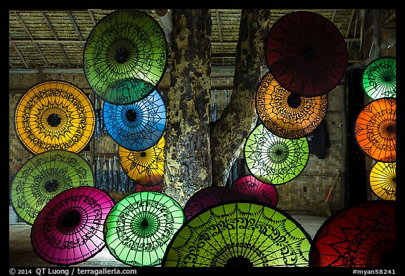 Umbrella store at night. Bagan, Myanmar (color)