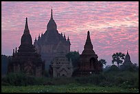 Temples profiled against brilliant sunrise sky. Bagan, Myanmar