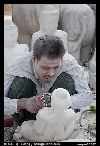 Sculptor with face covered in fine marble dust. Mandalay, Myanmar