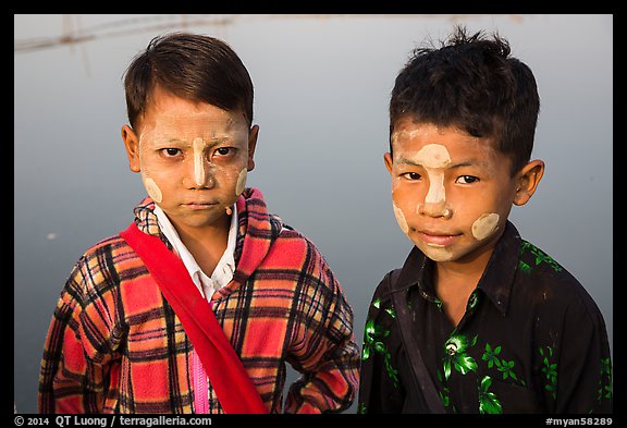 Boys wearing thanaka paste. Mandalay, Myanmar (color)
