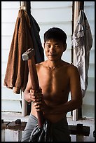 Gold pounder, gold leaf workshop. Mandalay, Myanmar ( color)