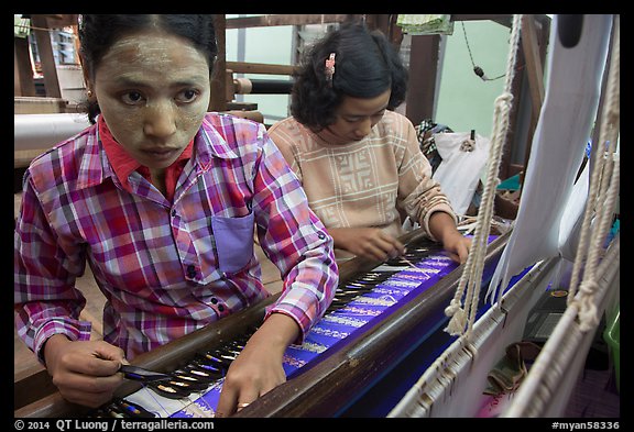 Women at work on loom. Amarapura, Myanmar (color)