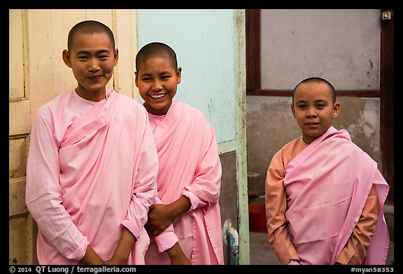 Smiling nuns, Zayar Theingi Nunnery, Sagaing. Myanmar (color)