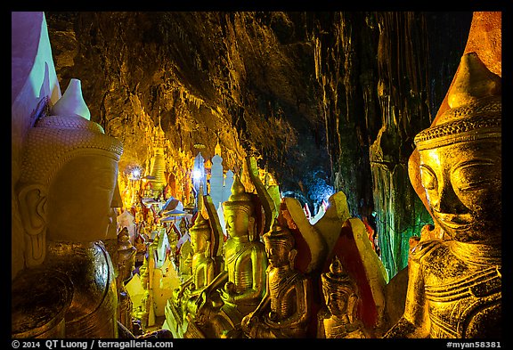 Buddha statues and stalactites in Pindaya Caves. Pindaya, Myanmar (color)