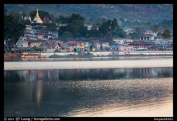Town and ripples on Pone Tanoke Lake. Pindaya, Myanmar (color)