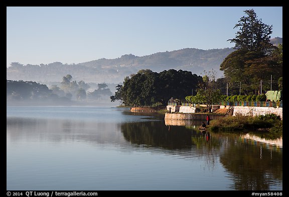Pone Tanoke Lake with early morning mist. Pindaya, Myanmar (color)
