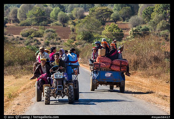 Tractors loaded with passengers. Shan state, Myanmar (color)