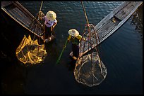 Intha fishermen with conical baskets seen from above. Inle Lake, Myanmar ( color)