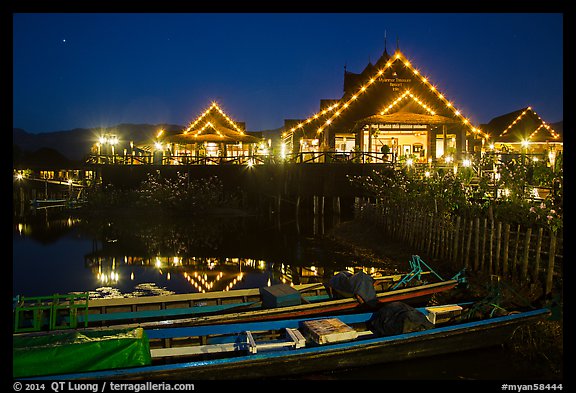 Entrance of Myanmar Treasure Resort at night. Inle Lake, Myanmar (color)