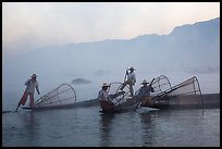Intha fishermen gathering in dawn mist. Inle Lake, Myanmar ( color)